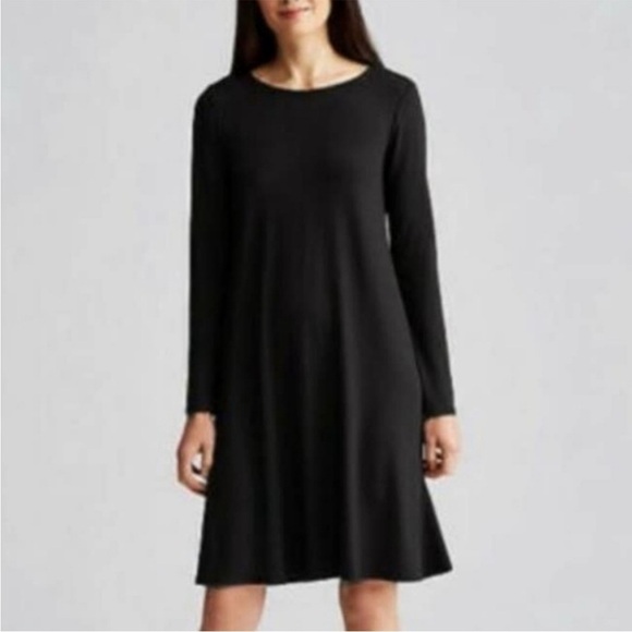 Eileen Fisher Black Jersey Knit Long Sleeve Shift Dress size M Minimalist - Picture 1 of 14